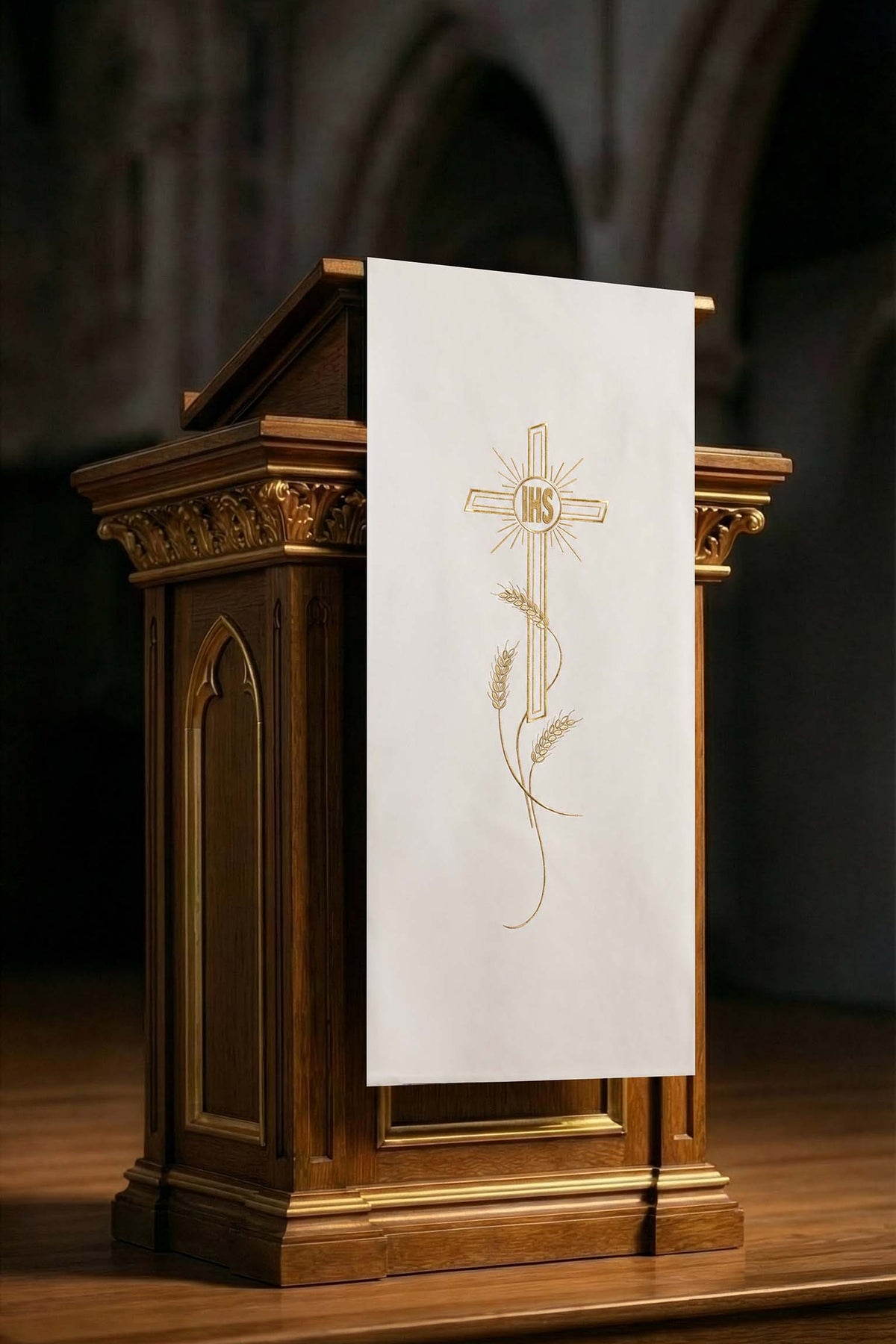 Chemin de lutrin écru avec broderie IHS, Croix et épis de blé