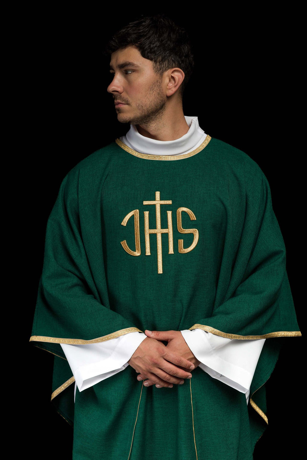 Zielony ornat liturgiczny z złotym haftem IHS - ORNATY.PL