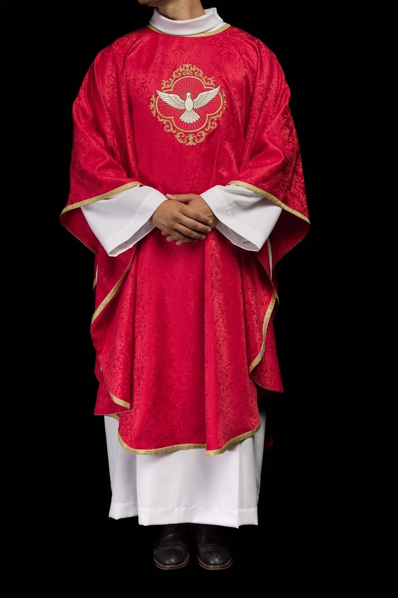 Chasuble liturgique brodée avec le Saint-Esprit sur tissu jacquard