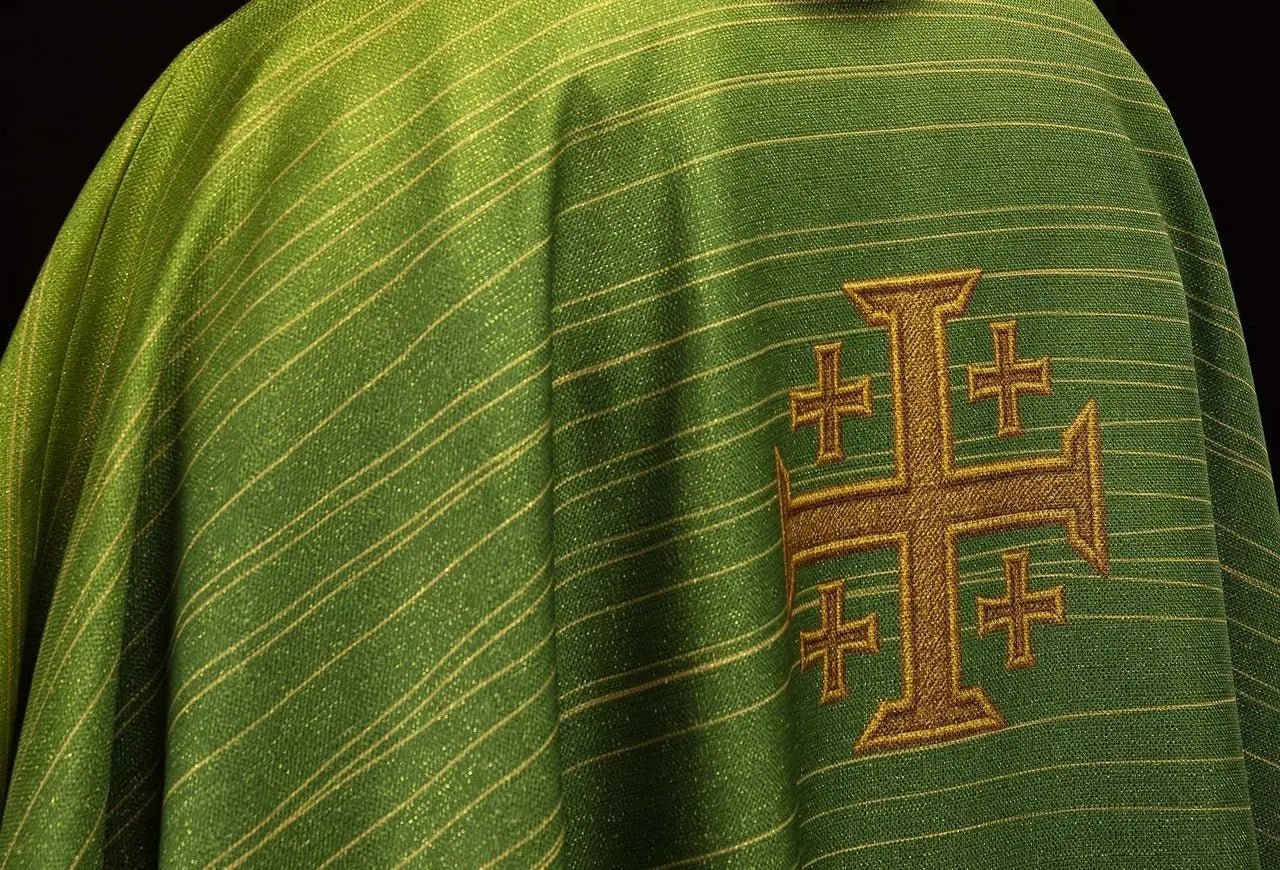 Chasuble verte imprimée avec la Croix de Jérusalem