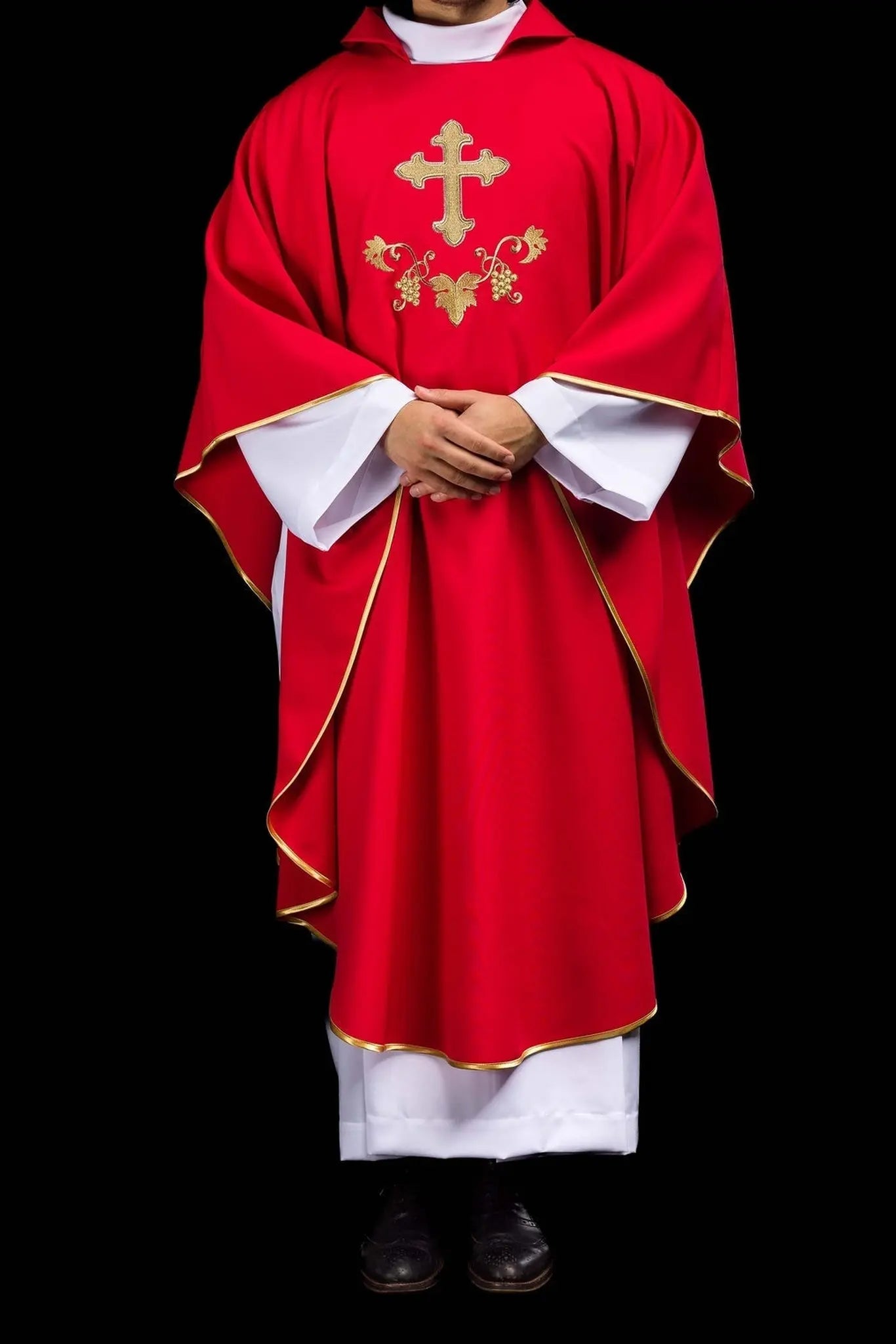 Embroidered chasuble with a cross symbol and wide collar red