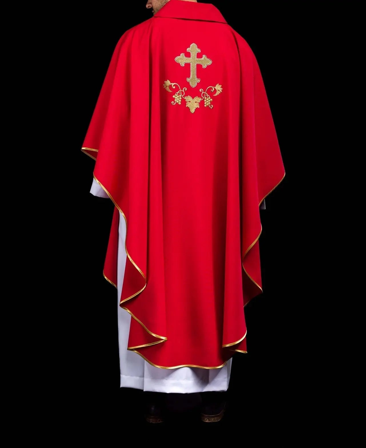 Embroidered chasuble with a cross symbol and wide collar red