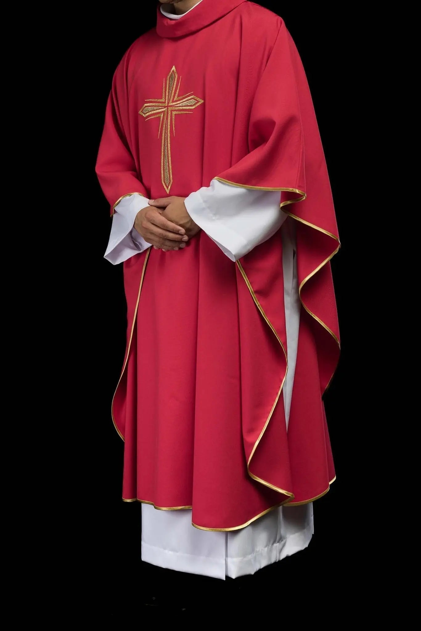Red chasuble embroidered with cross design