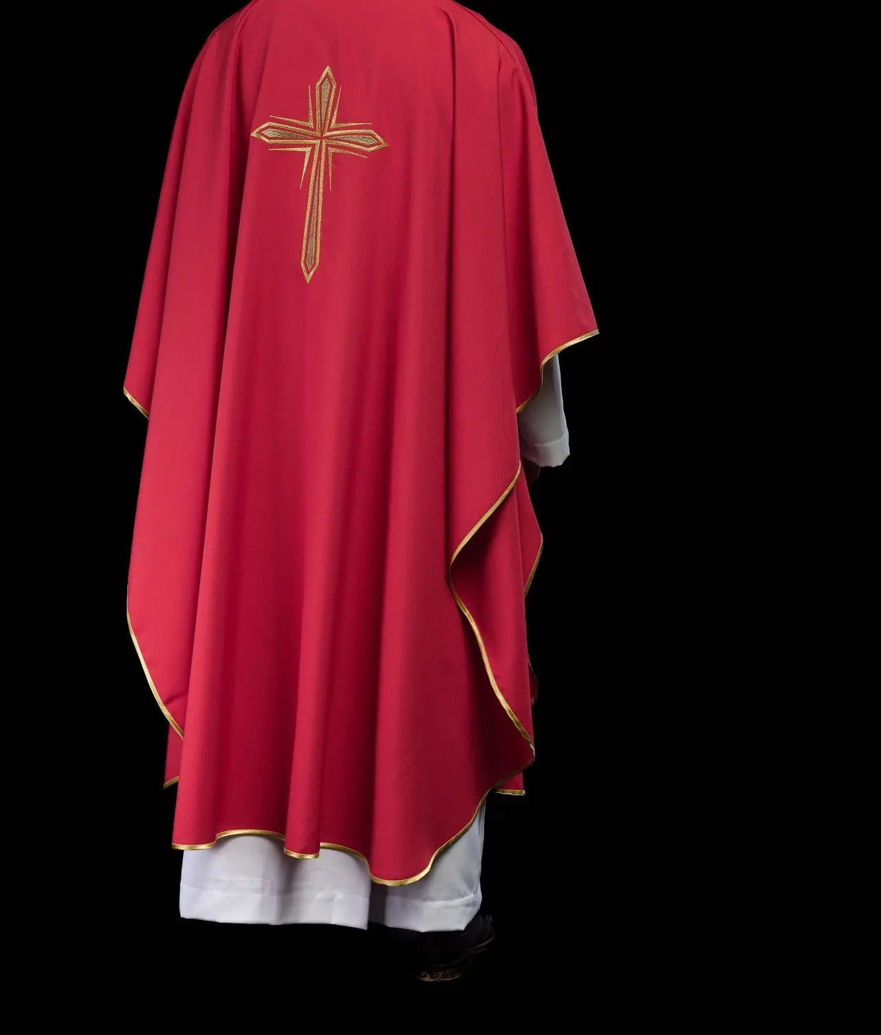 Red chasuble embroidered with cross design