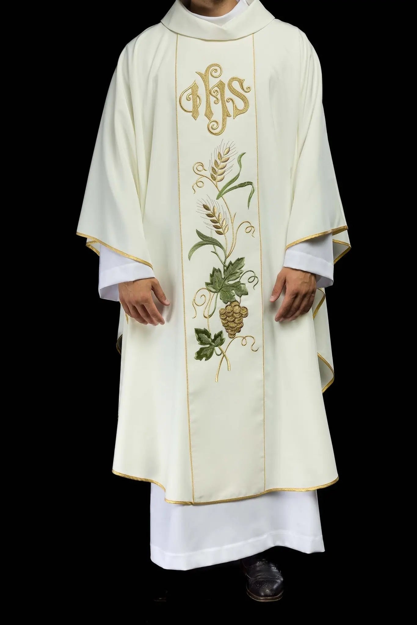 Ceinture de chasuble brodée avec symbole IHS, épis et raisins écru