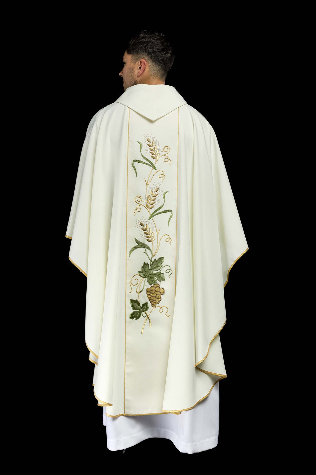 Ornat na pasie haftowany symbolem IHS, kłosy i winogrona ecru - ORNATY.PL