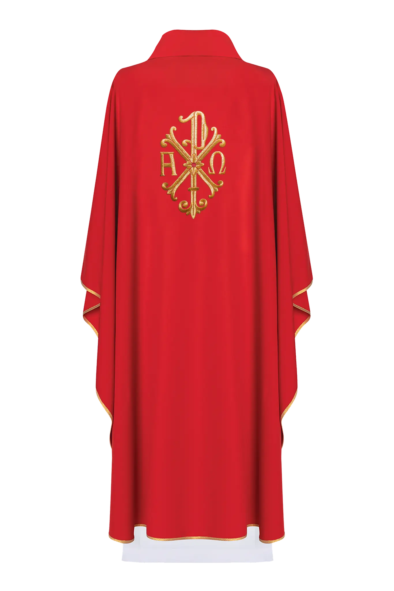 Alpha and Omega embroidered chasuble Red Gold piping