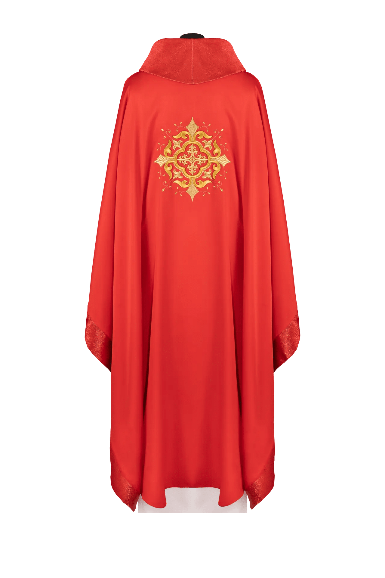 Chasuble liturgique rouge avec motif de croix brodée et finition élaborée