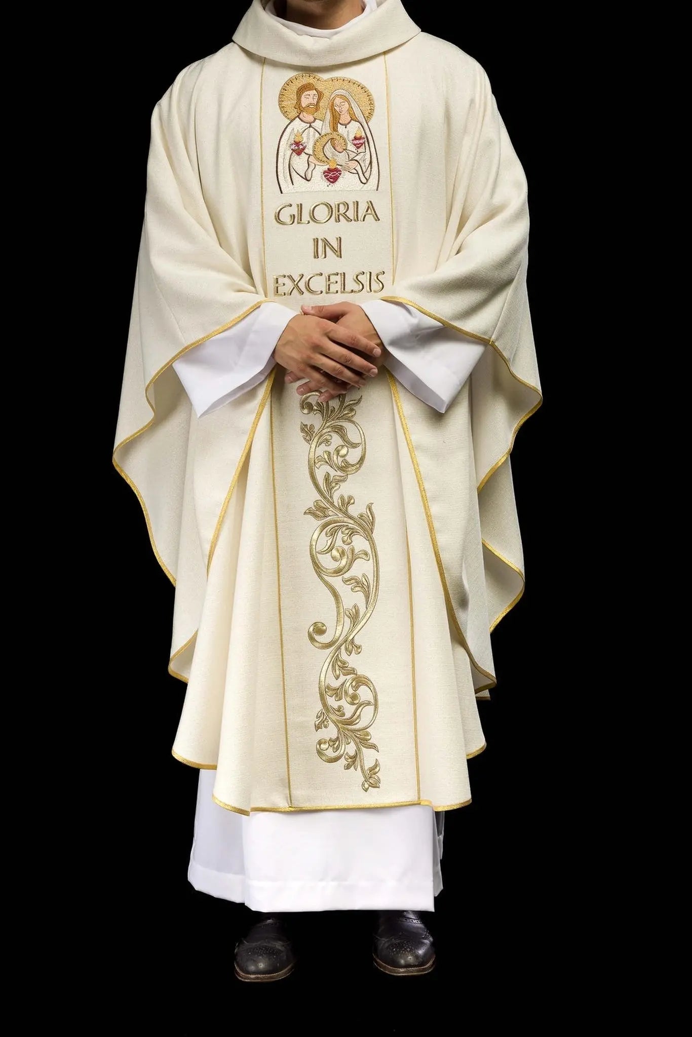 Chasuble brodée pour Noël avec l'image de la Sainte Famille