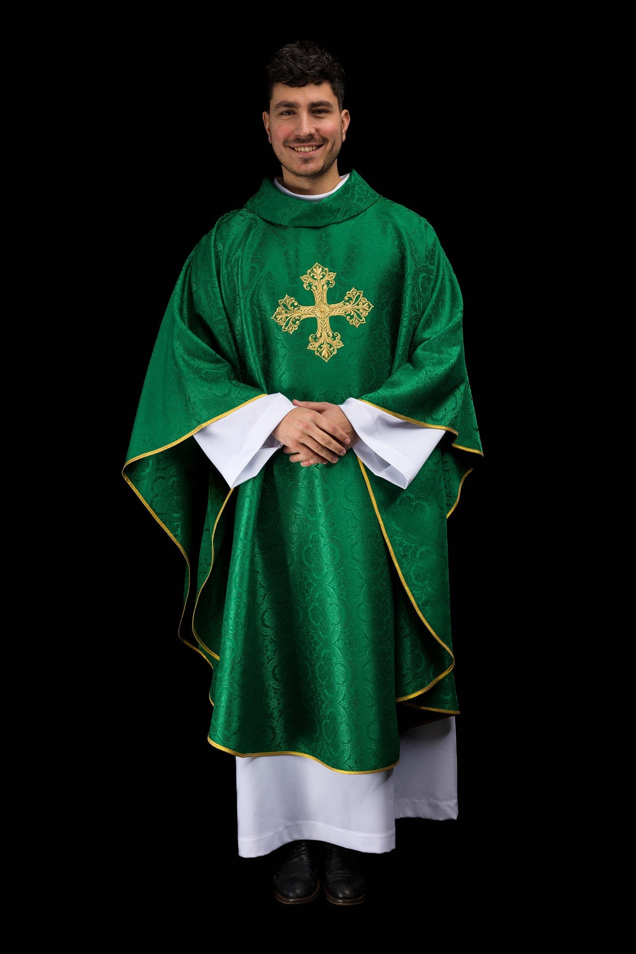 Zielony ornat z krzyżem tkanina żakardowa - ORNATY.PL