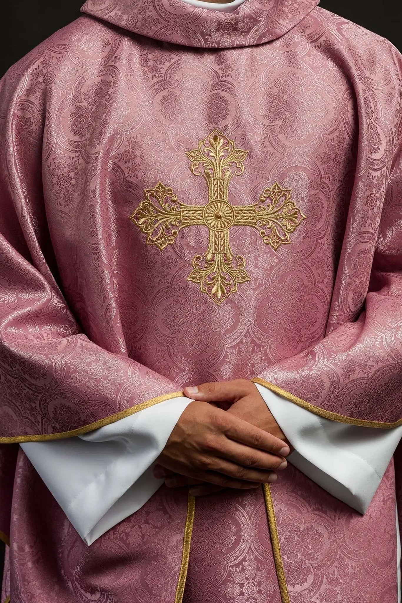 Chasuble rose avec croix en tissu à motifs
