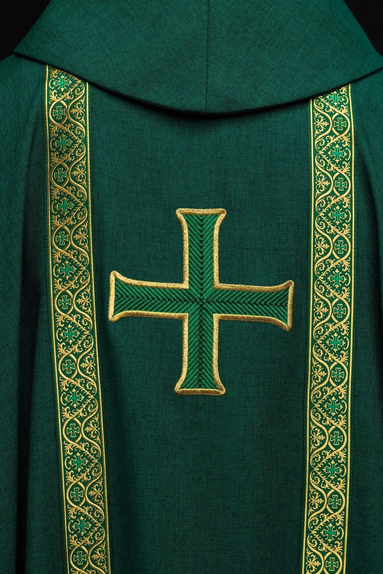 Green liturgical chasuble with embroidered cross and jacquard bands