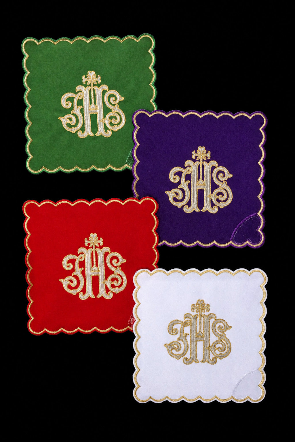 Ensemble de pales de calice avec symbole IHS brodé en quatre couleurs liturgiques