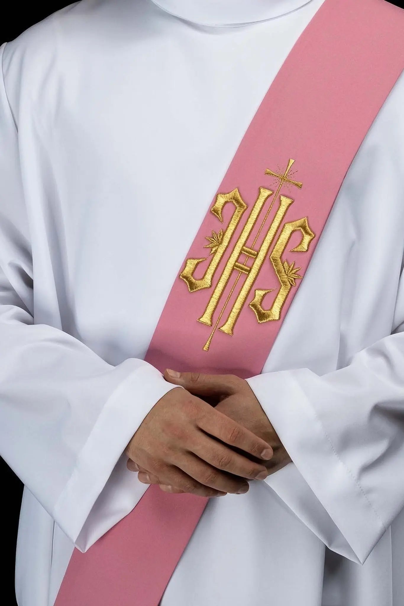 Étole diaconale rose avec broderie IHS et croix