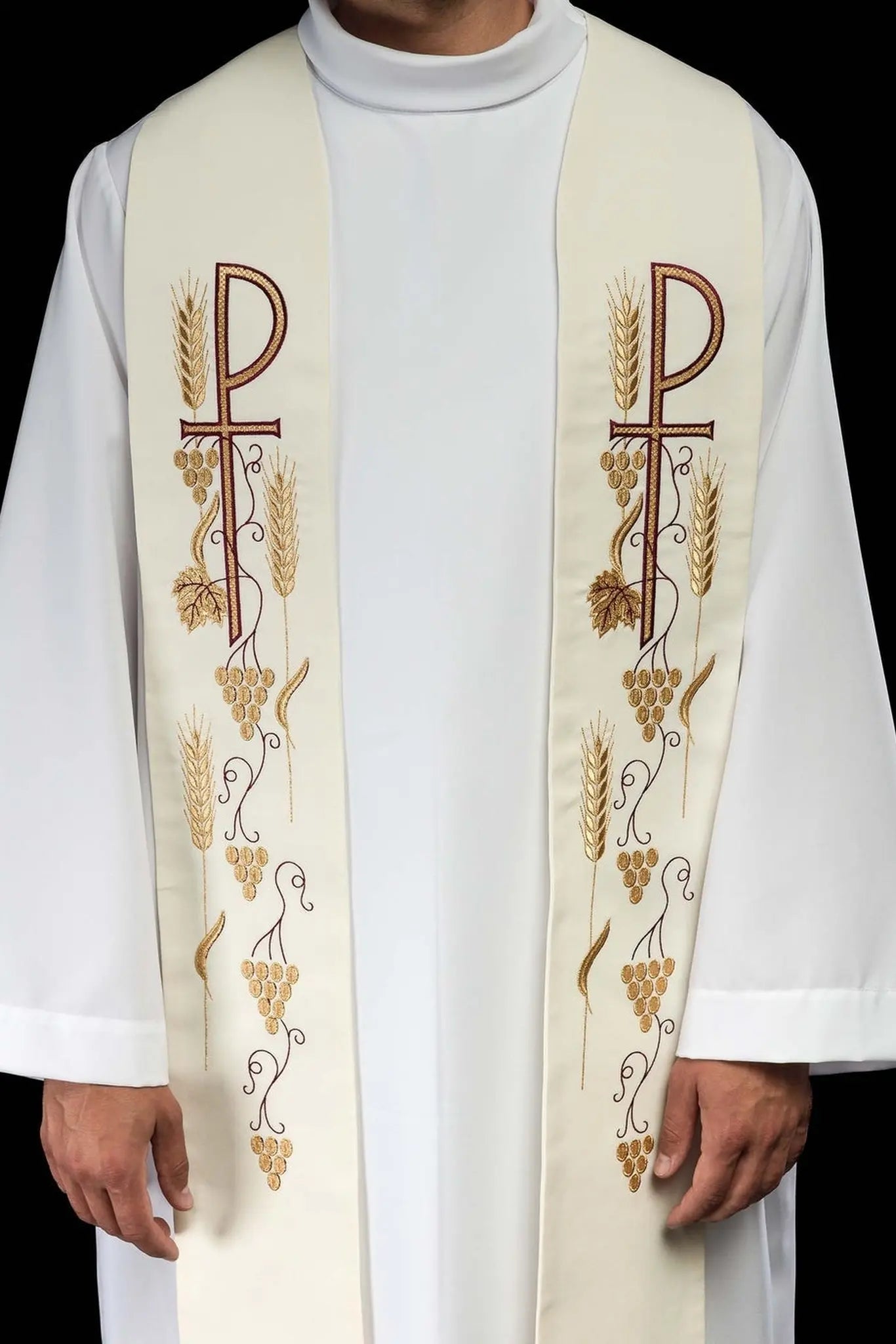 Étoles sacerdotales brodées croix avec raisins écru
