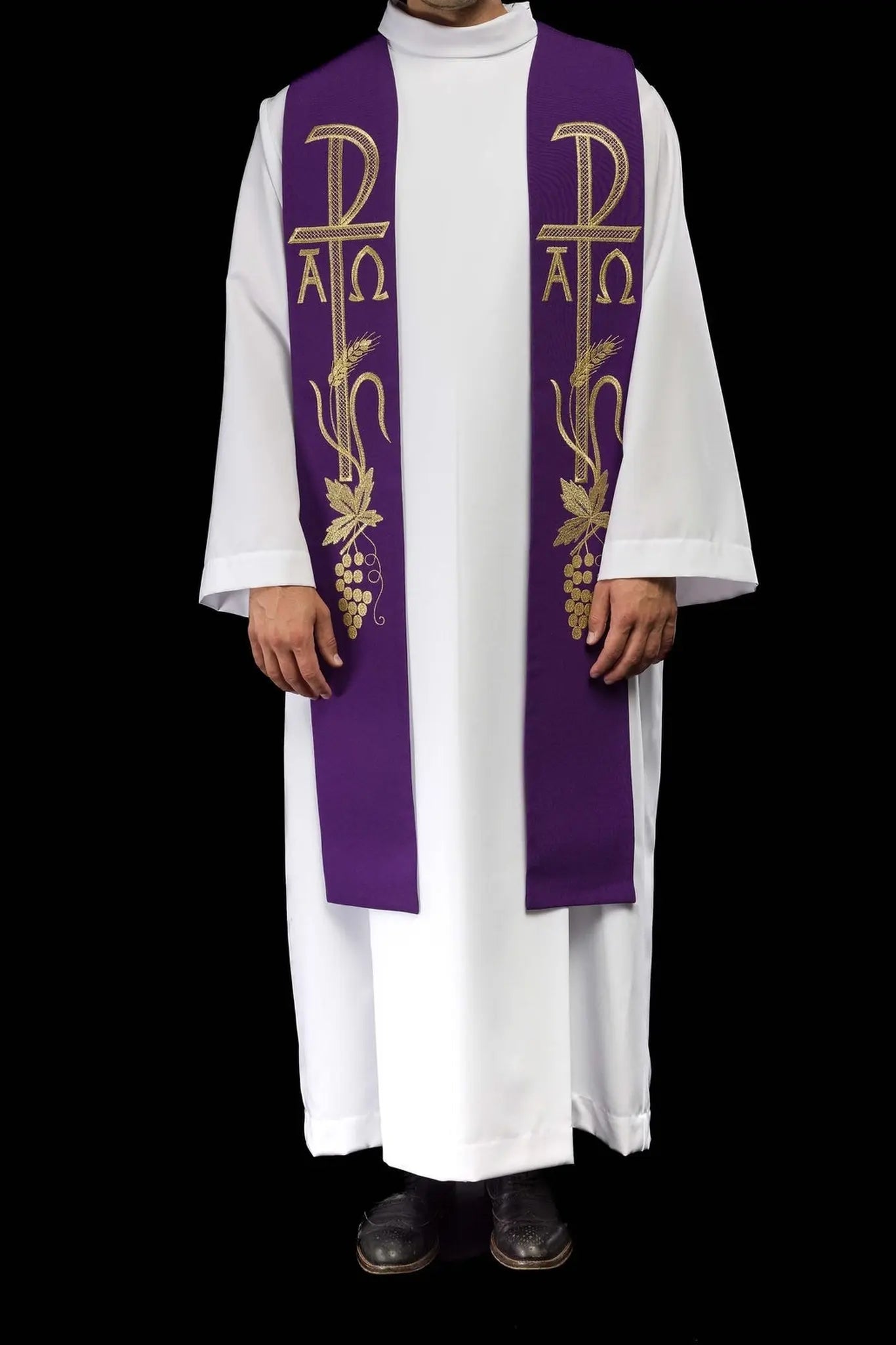 Étole violette de prêtre brodée Alpha et Omega