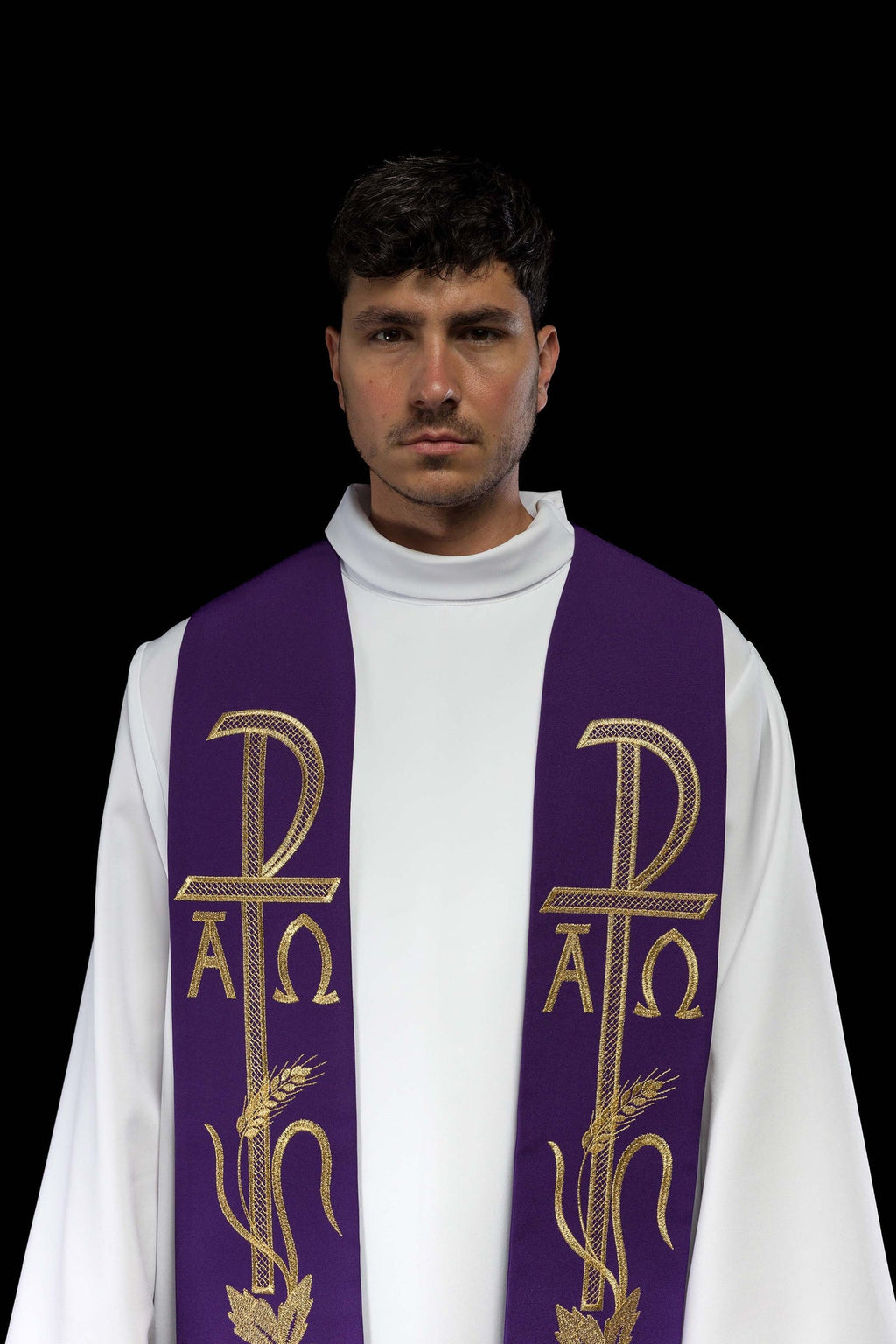 Stuła kapłańska fioletowa haftowana Alfa i Omega - ORNATY.PL