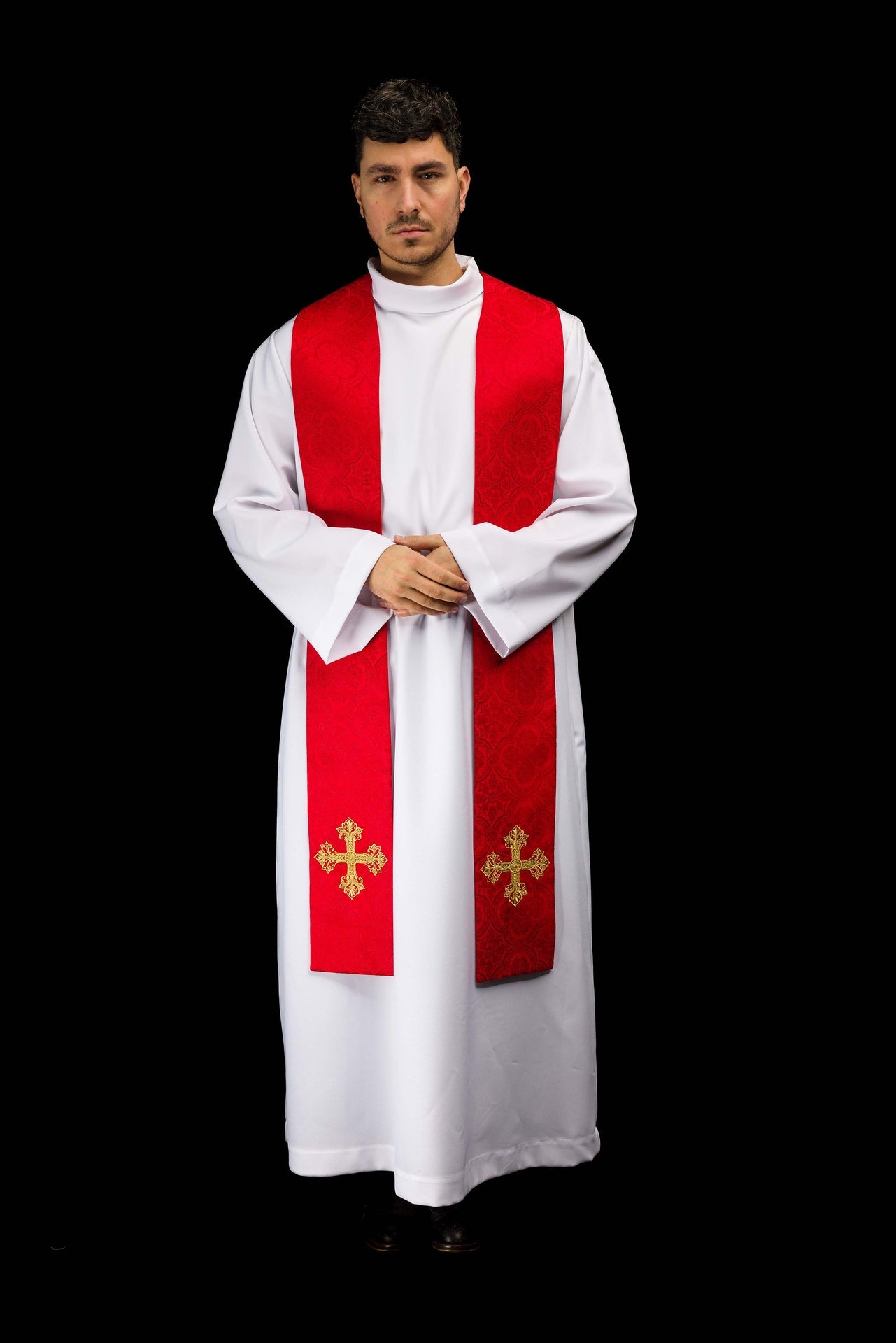 Stuła haftowana z motywem Krzyża czerwona tkanina żakardowa - ORNATY.PL