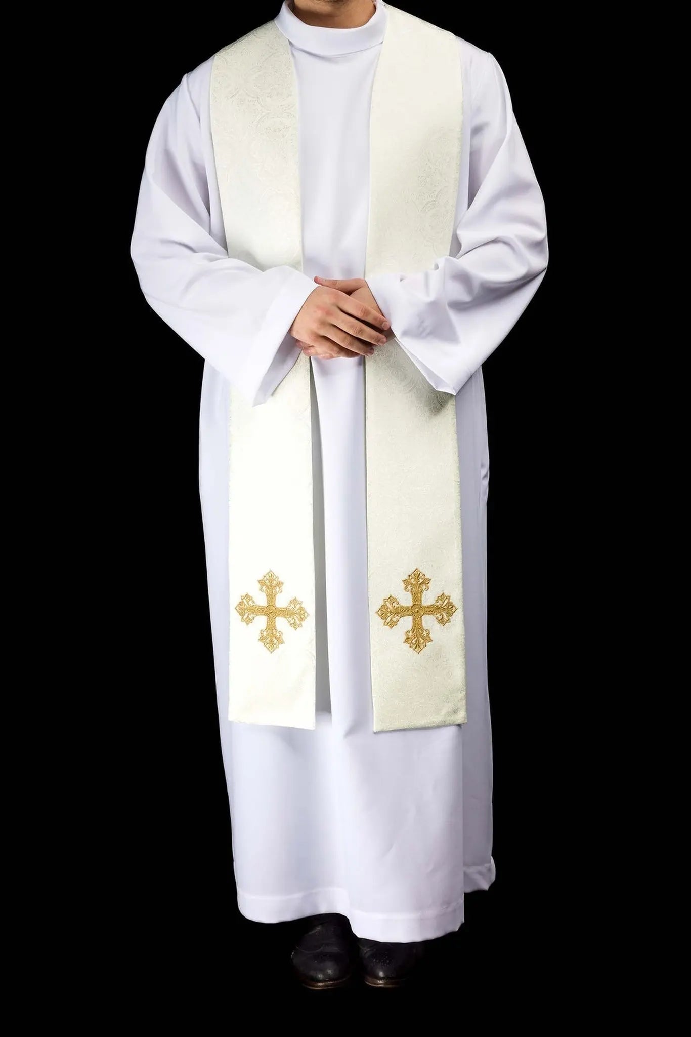 Étole en jacquard écru avec broderie de croix dorée