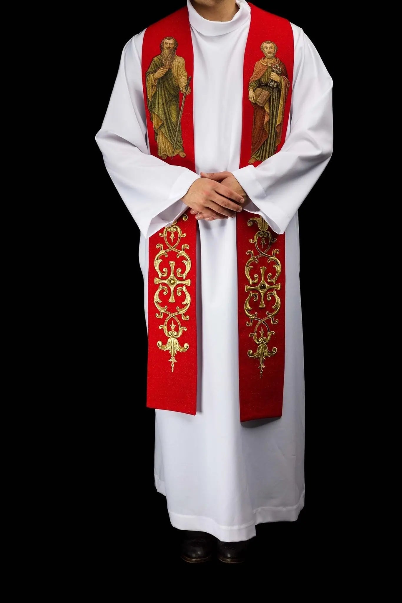 Étole rouge avec images brodées des saints Pierre et Paul