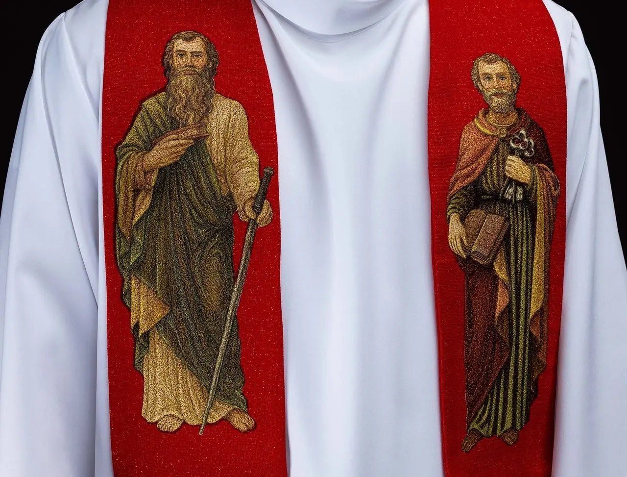 Étole rouge avec images brodées des saints Pierre et Paul
