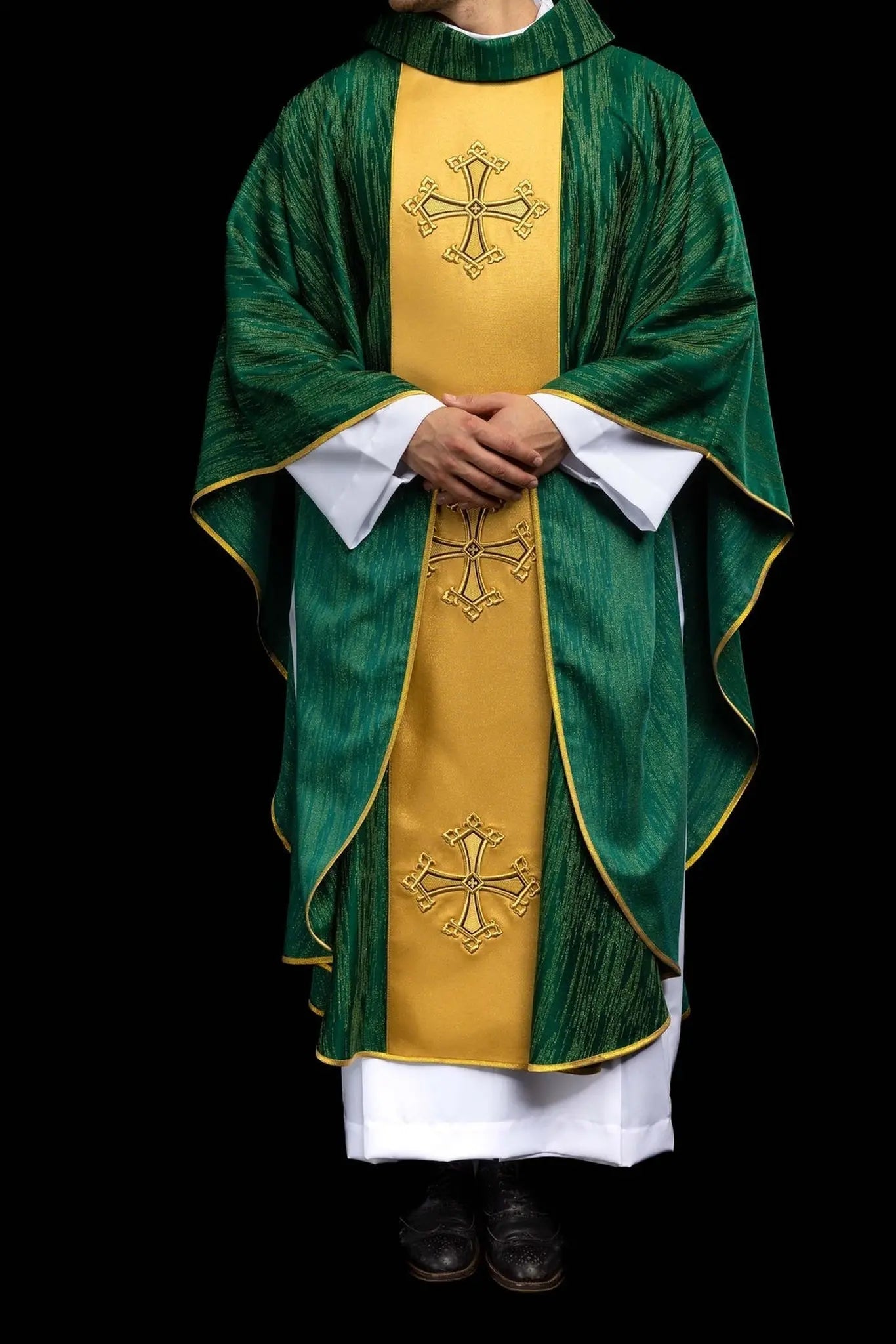 Green Chasuble with Embroidered Cross on Decorative Orphrey