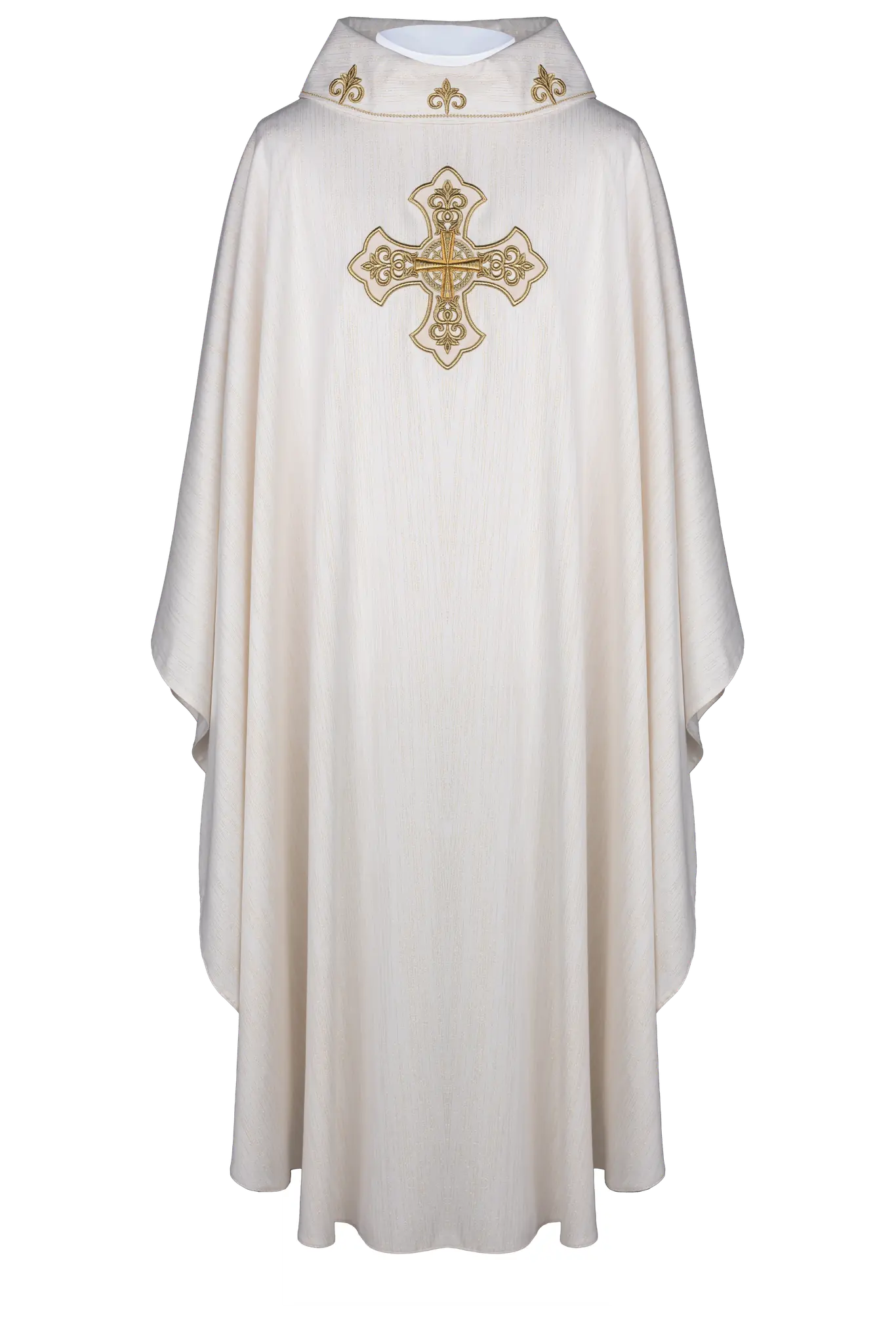Chasuble écrue avec croix richement brodée et col décoré