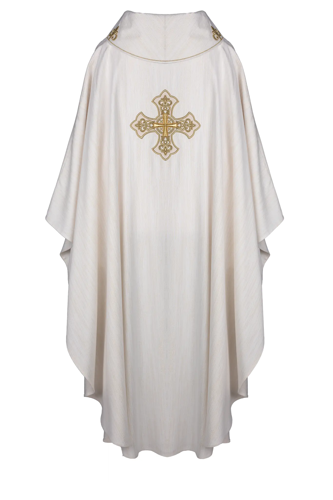 Chasuble écrue avec croix richement brodée et col décoré
