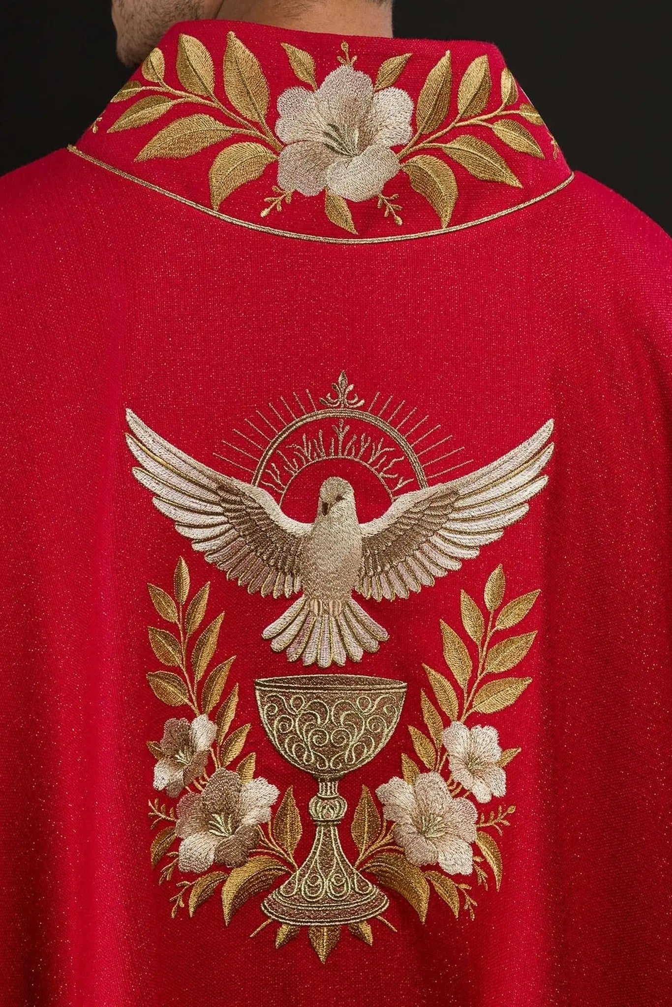 Chasuble rouge avec col brodé et symbole du Saint-Esprit