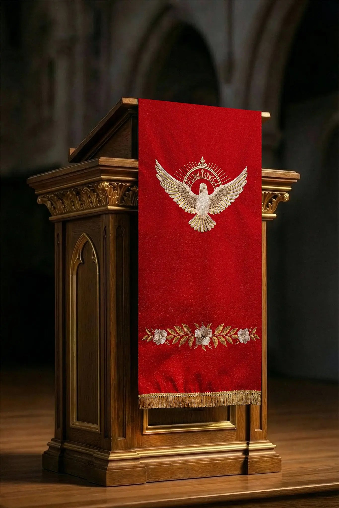 Red lectern hanging with embroidered Dove of the Holy Spirit and rays, finished with gold fringes.
