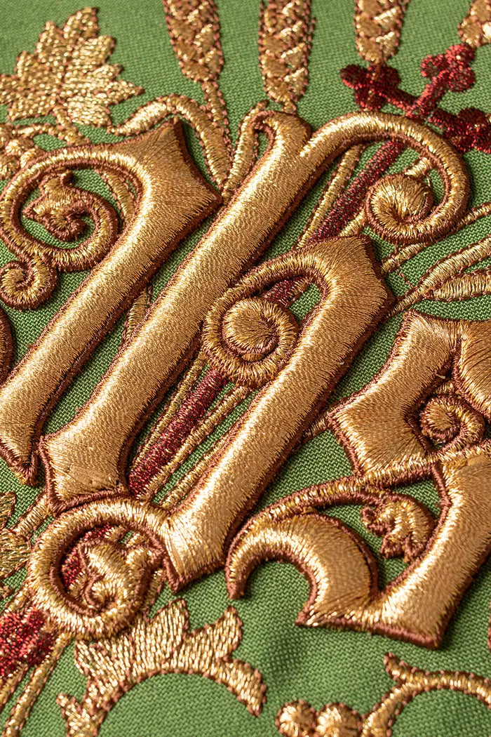 Embroidered chasuble with IHS symbol Green richly decorated