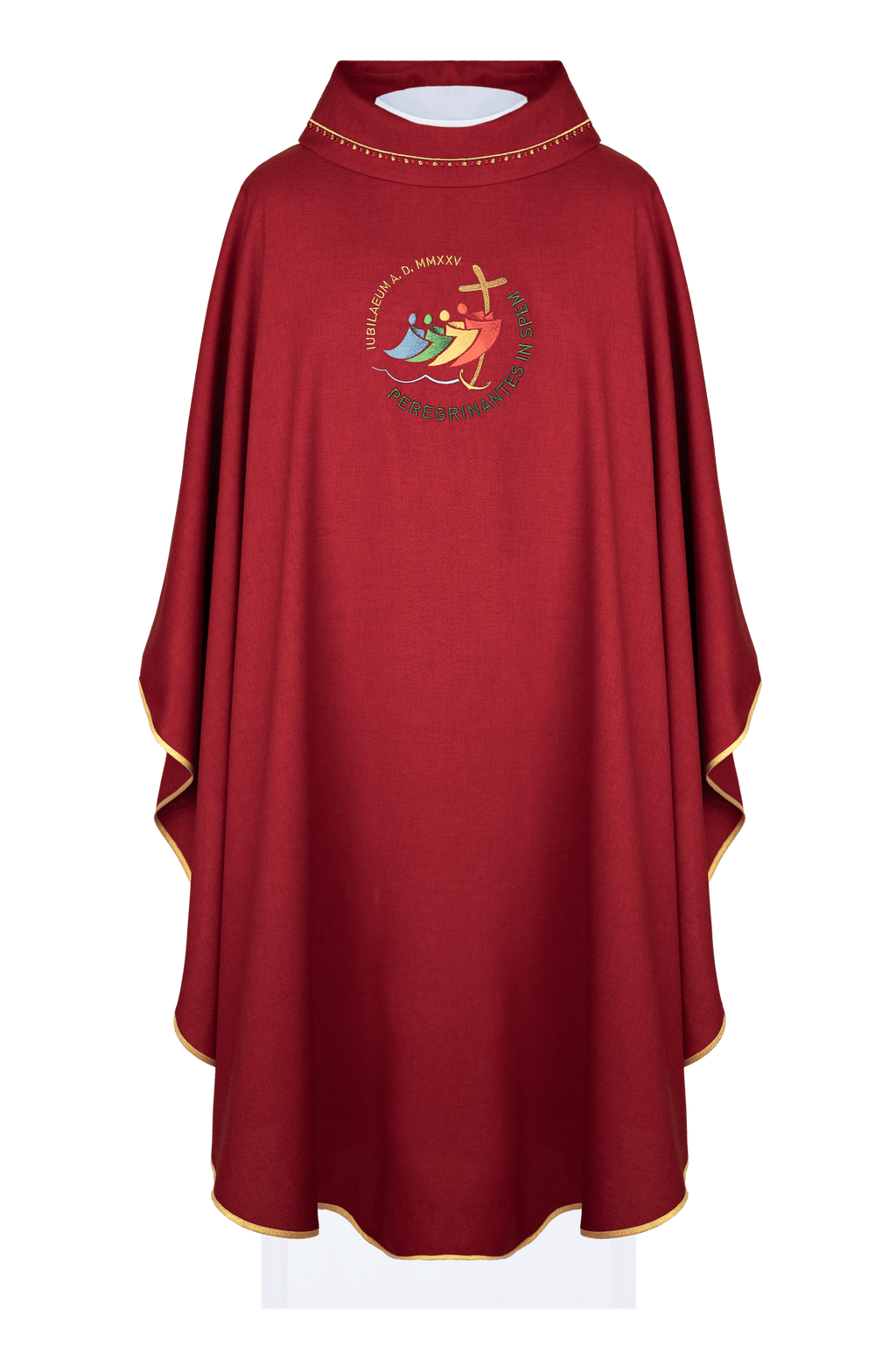 Ornat z haftem JUBILEUSZ RZYM 2025 z lamówką na kołnierzu w kolorze czerwonym - ORNATY.PL