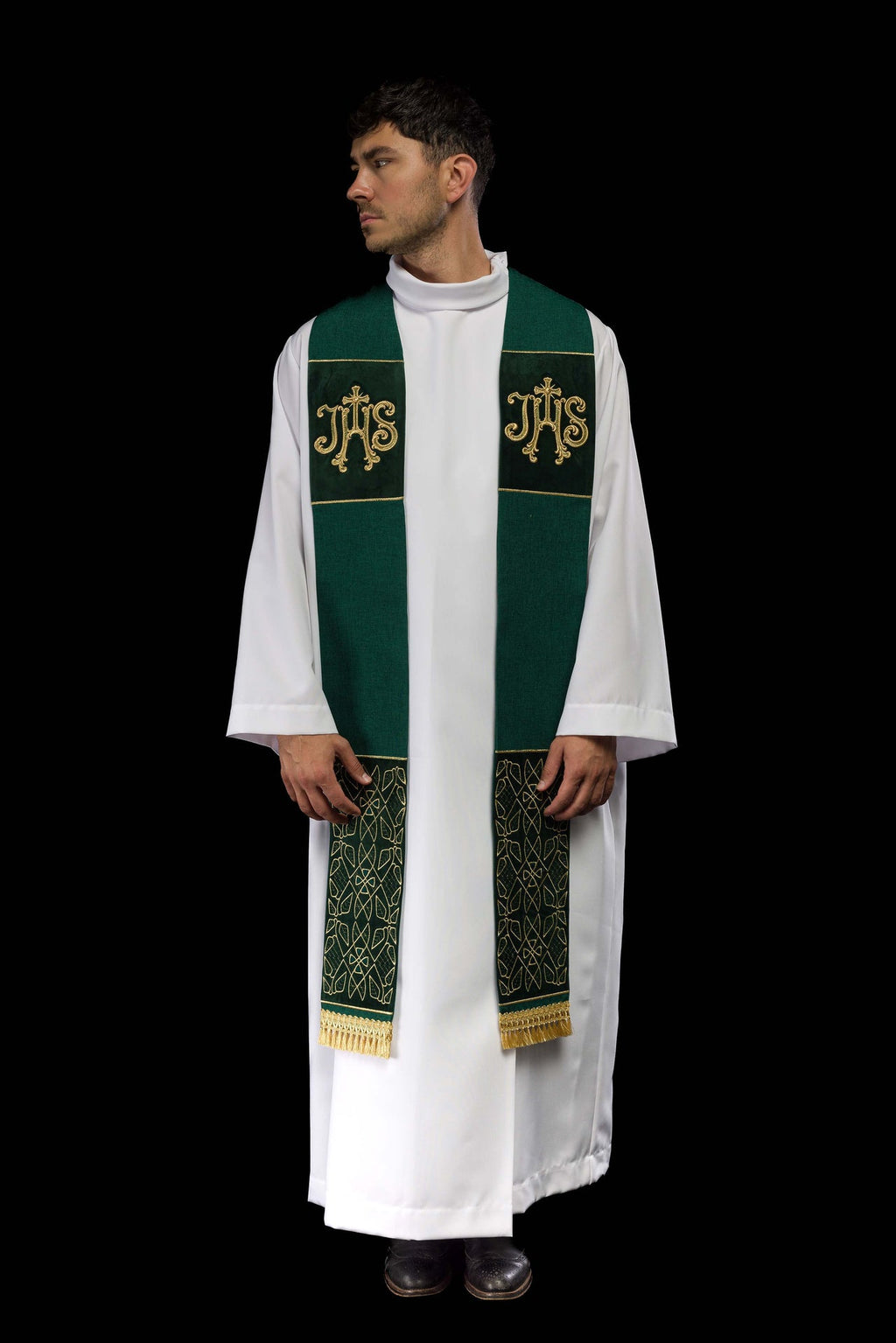 Stuła haftowana aksamitna z motywem IHS zielona - ORNATY.PL