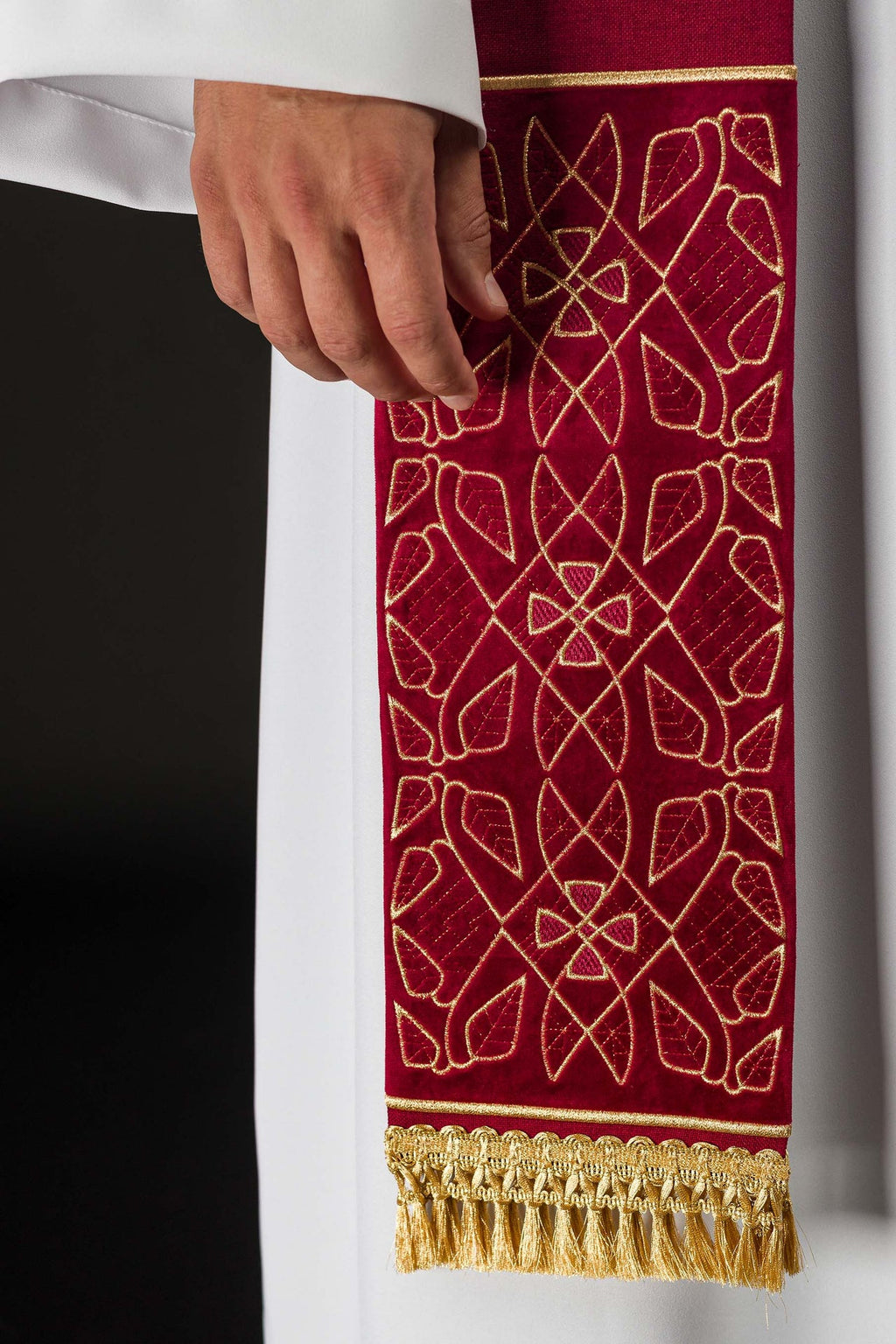 Stuła haftowana aksamitna z motywem IHS czerwona - ORNATY.PL