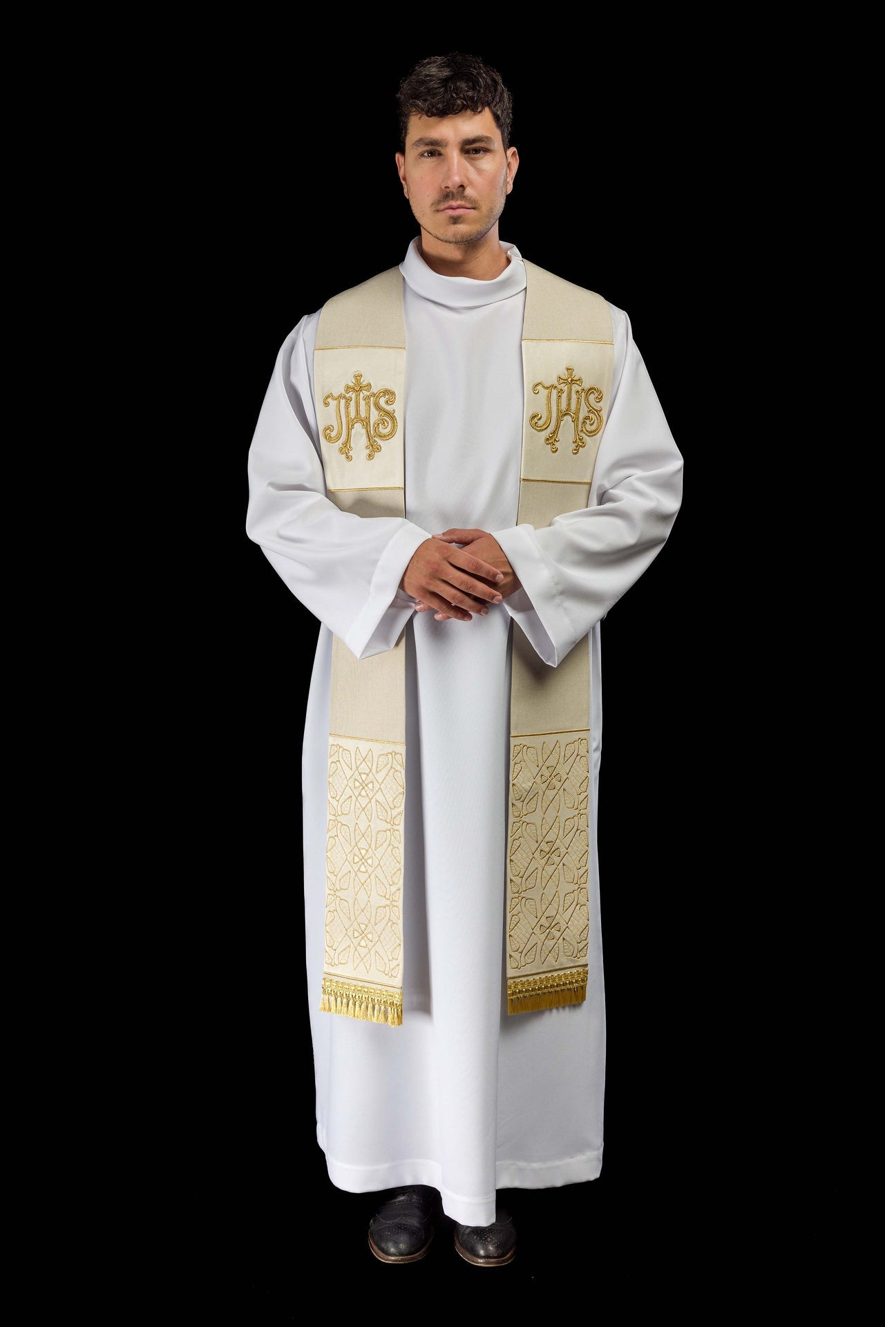 Stuła haftowana aksamitna z motywem IHS ecru - ORNATY.PL