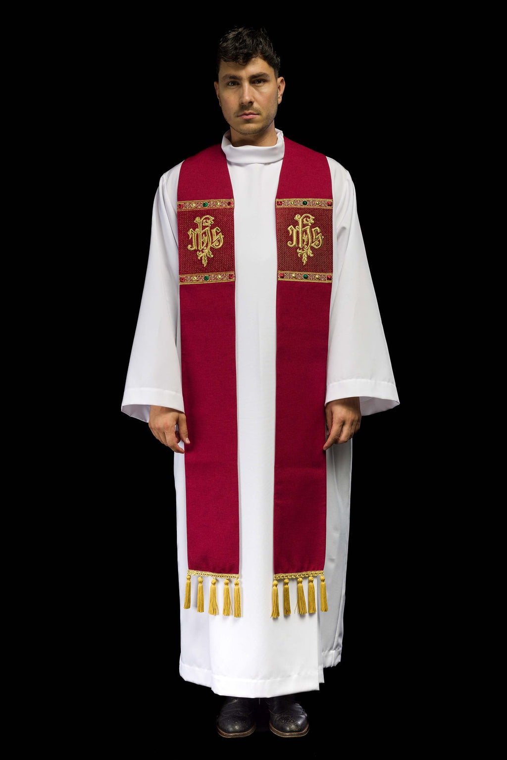 Stuła haftowana z motywem IHS czerwona - ORNATY.PL