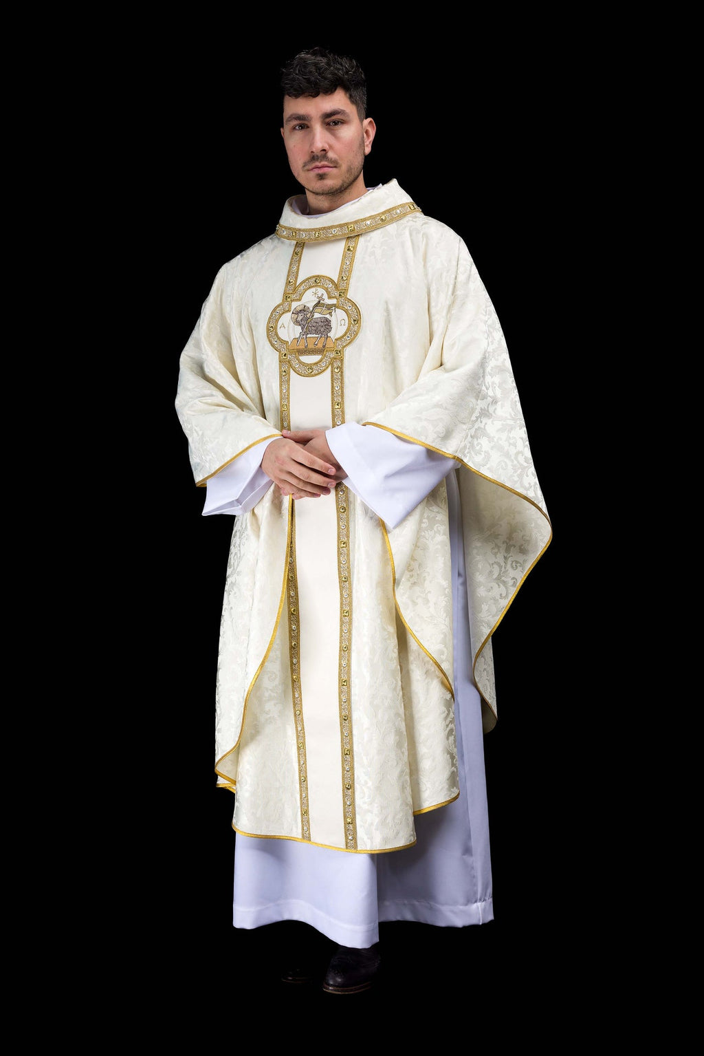 Ornement avec ceinture et broderie de l'Agneau pascal sur tissu jacquard