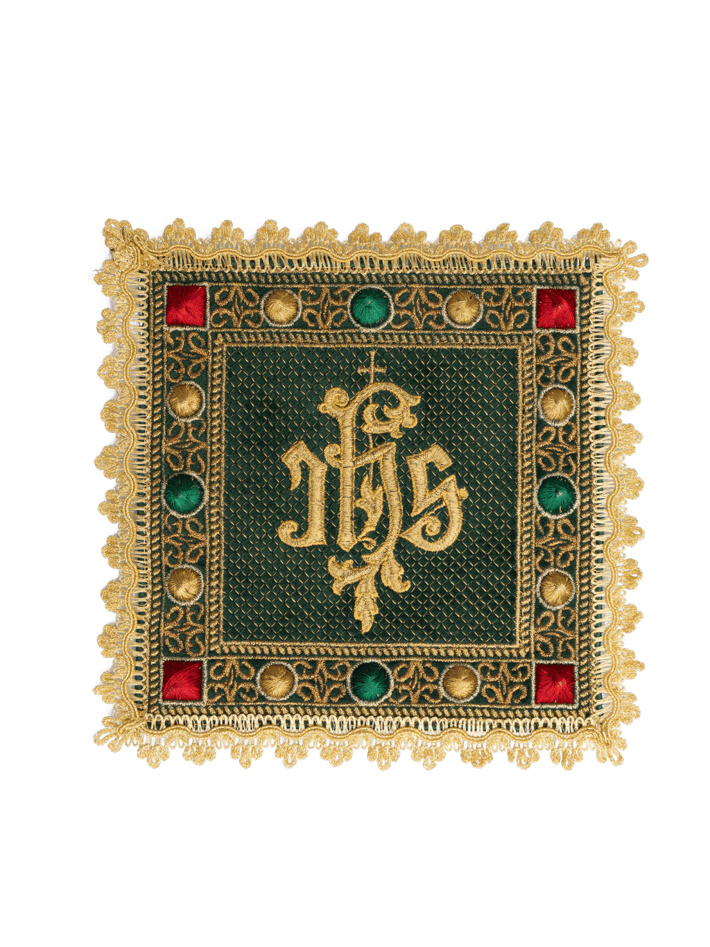 Aksamitny komplet kielichowy w kolorze zielonym z haftowanym symbolem IHS