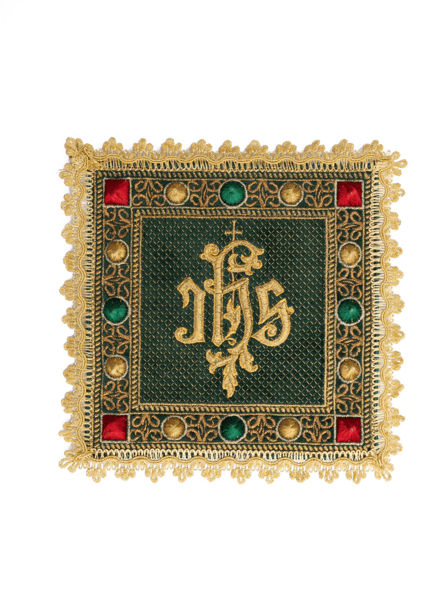 Aksamitny komplet kielichowy w kolorze zielonym z haftowanym symbolem IHS