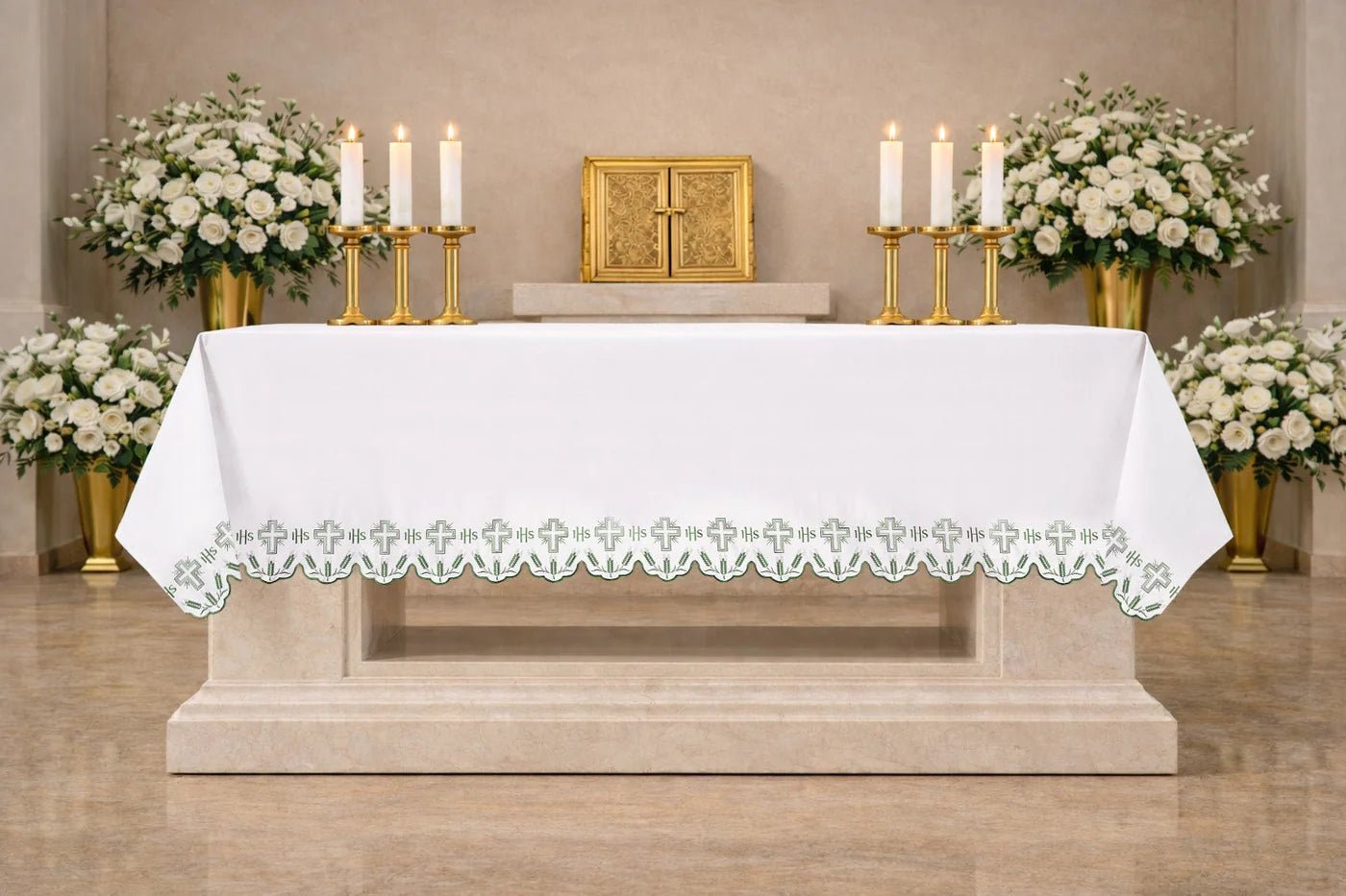 Altar Cloth with Cross IHS and Wheat Embroidery – Green Trim - HAFTINA ATELIER
