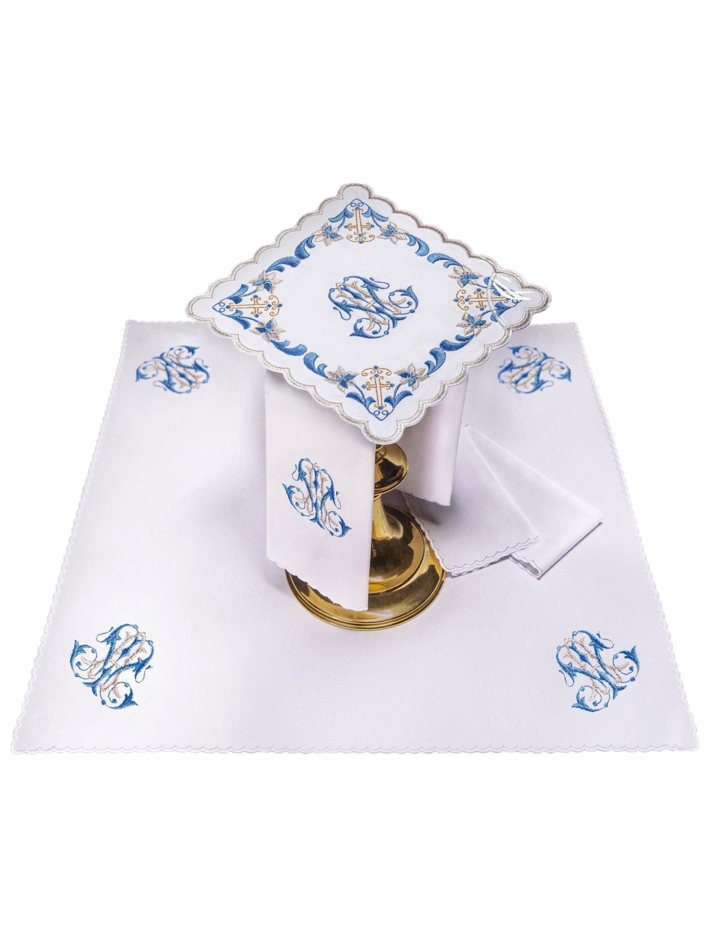 Bielizna kielichowa z niebieskim wykończeniem i haftem maryjnym