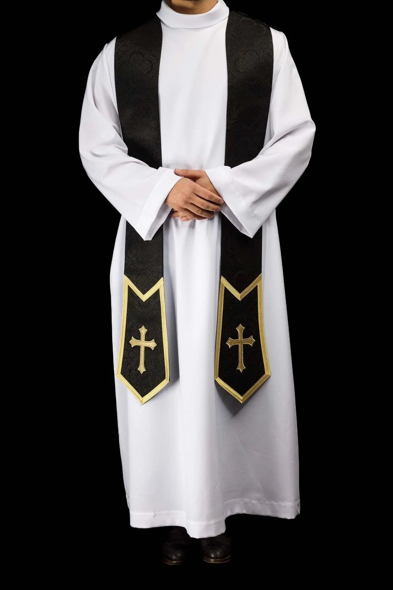Black Jacquard Stole with Embroidered Cross - HAFTINA ATELIER