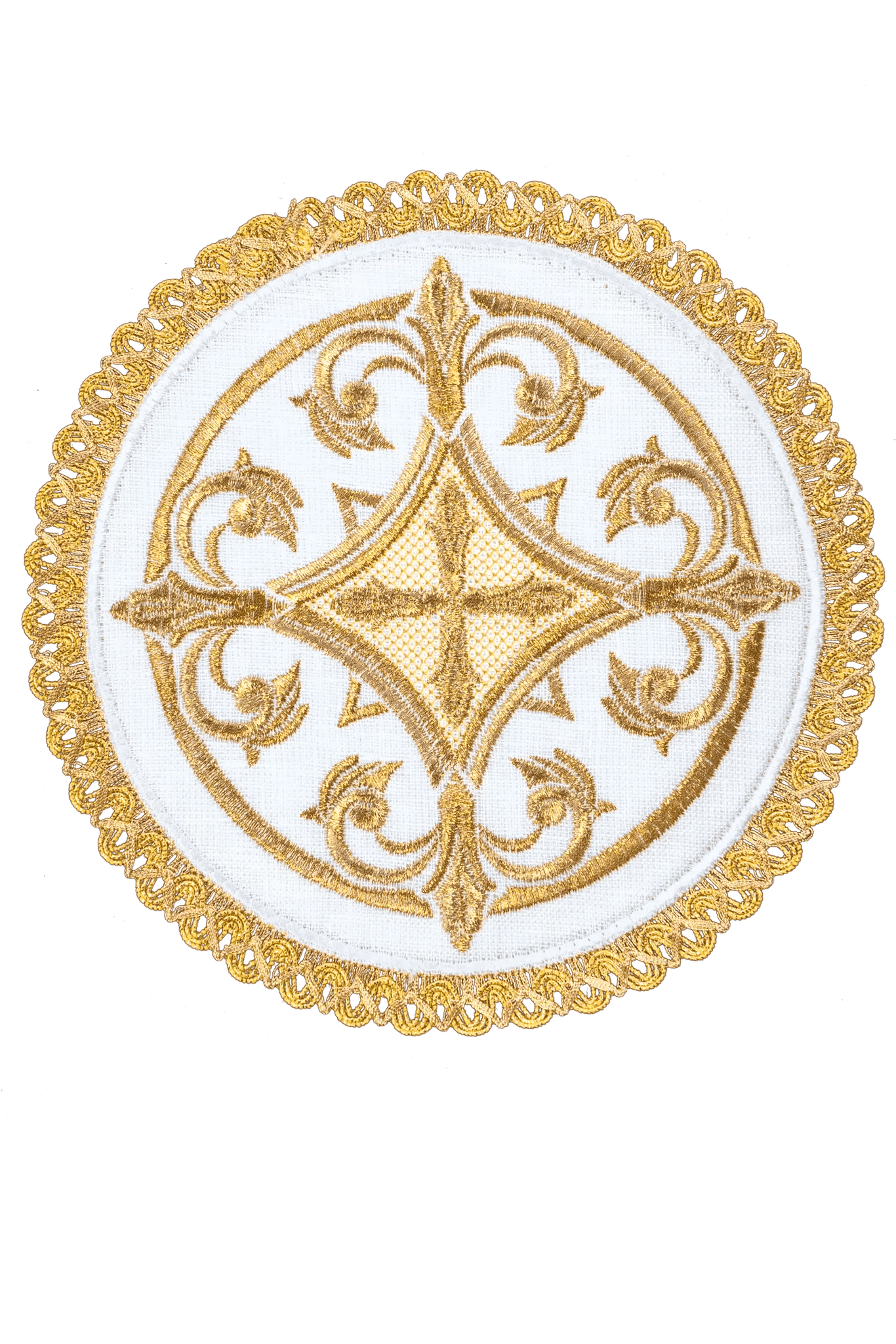 Ensemble de calices en lin richement décoré avec broderie de croix et palle arrondie