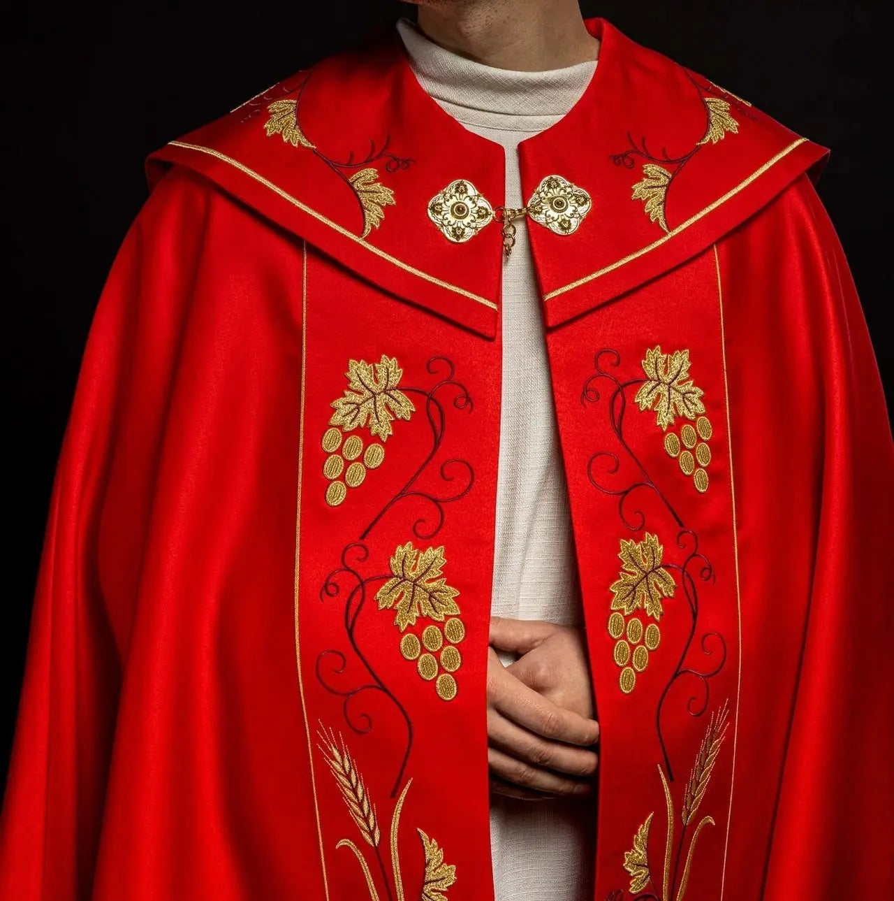 Red liturgical chapel with gold IHS and grape embroidery