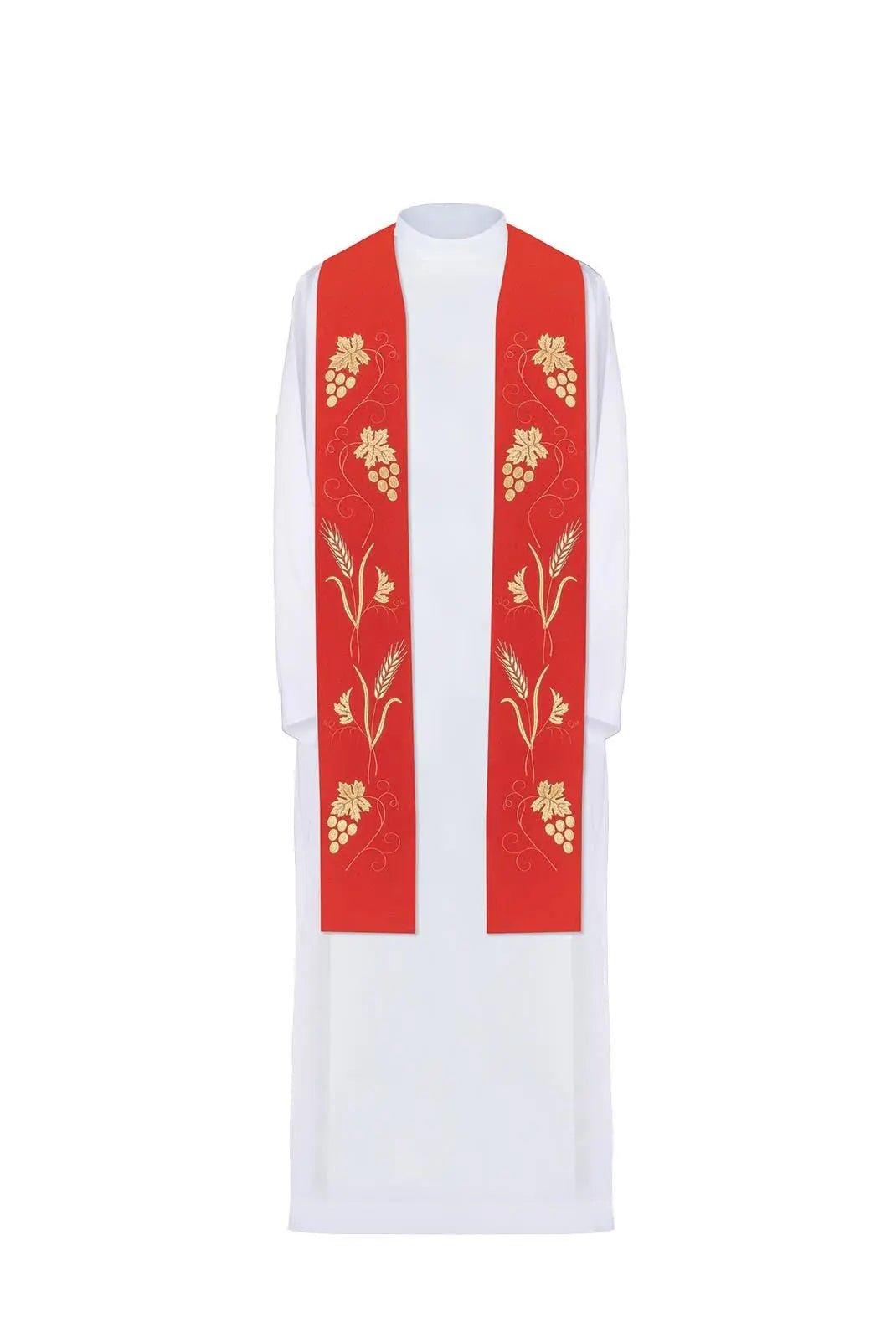 Étole rouge de prêtre avec riche broderie de raisins et d'épis