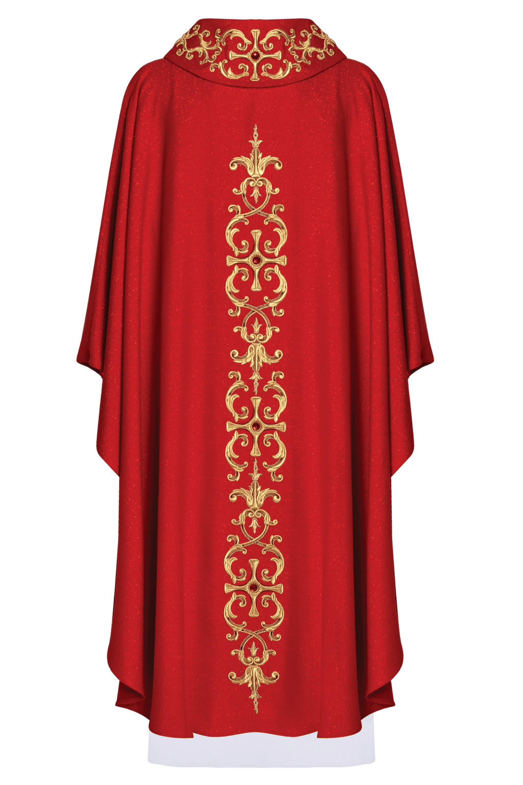 Czerwony ornat bogato haftowany z kamieniami