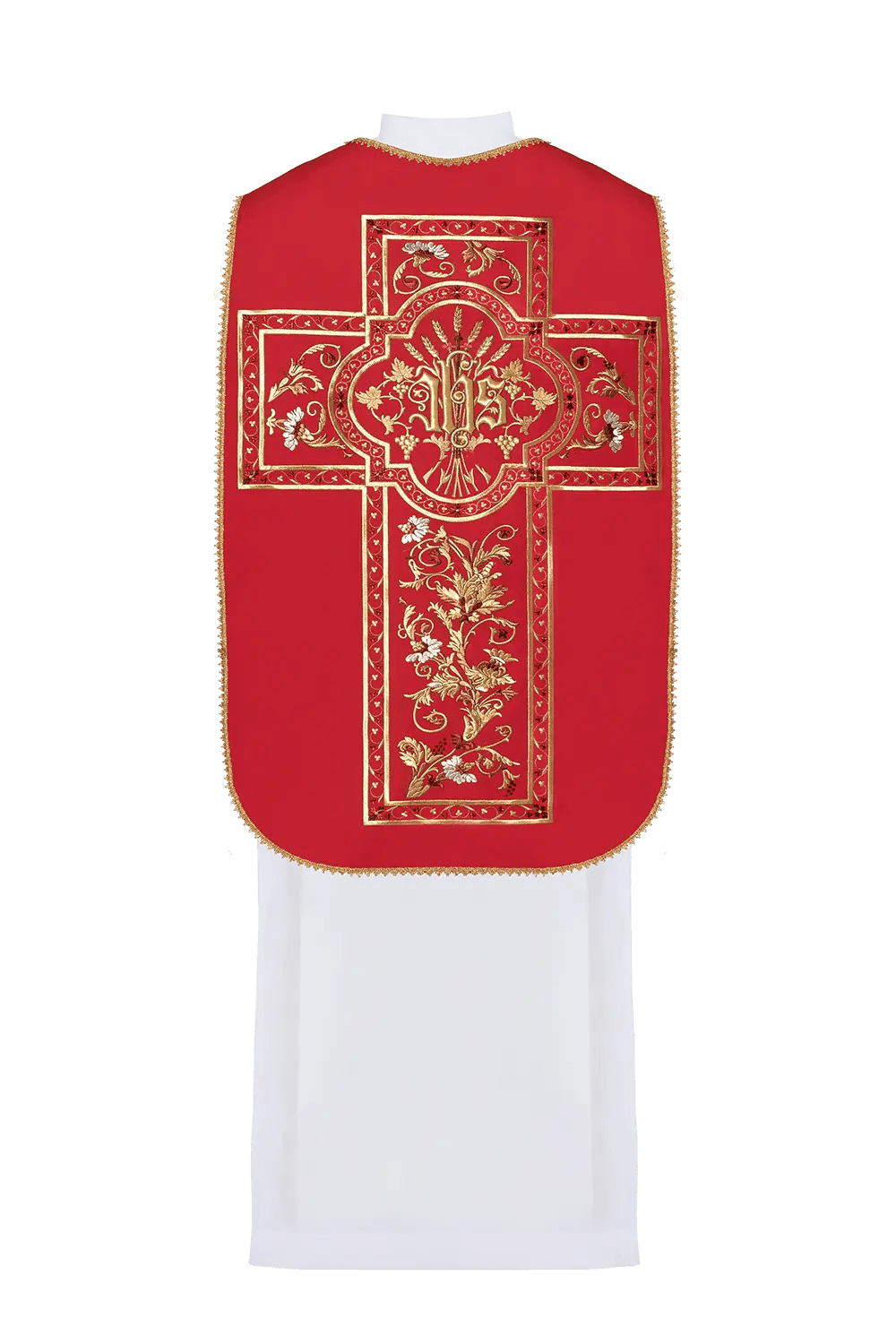 Chasuble romaine rouge brodée avec motif IHS