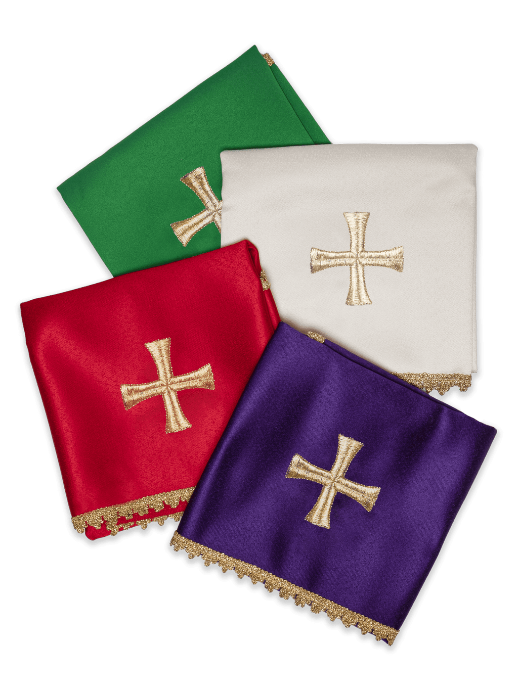 Cztery welony na kielich z haftowanym złotym krzyżem