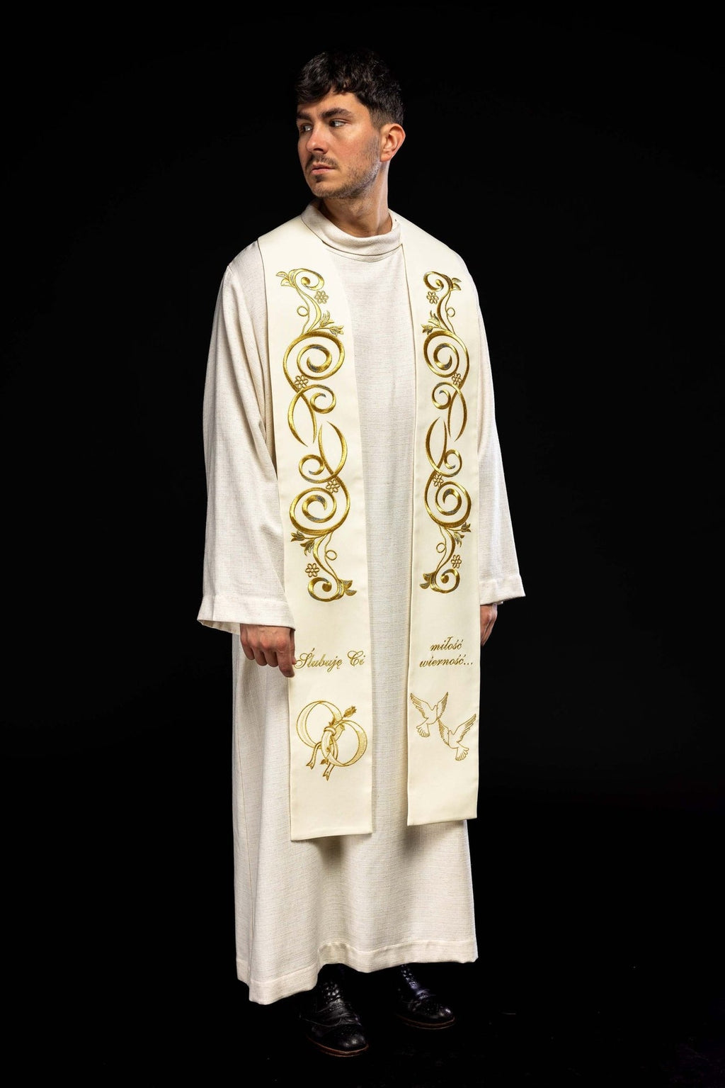 Długa stuła haftowana Ślubna w kolorze kremowym