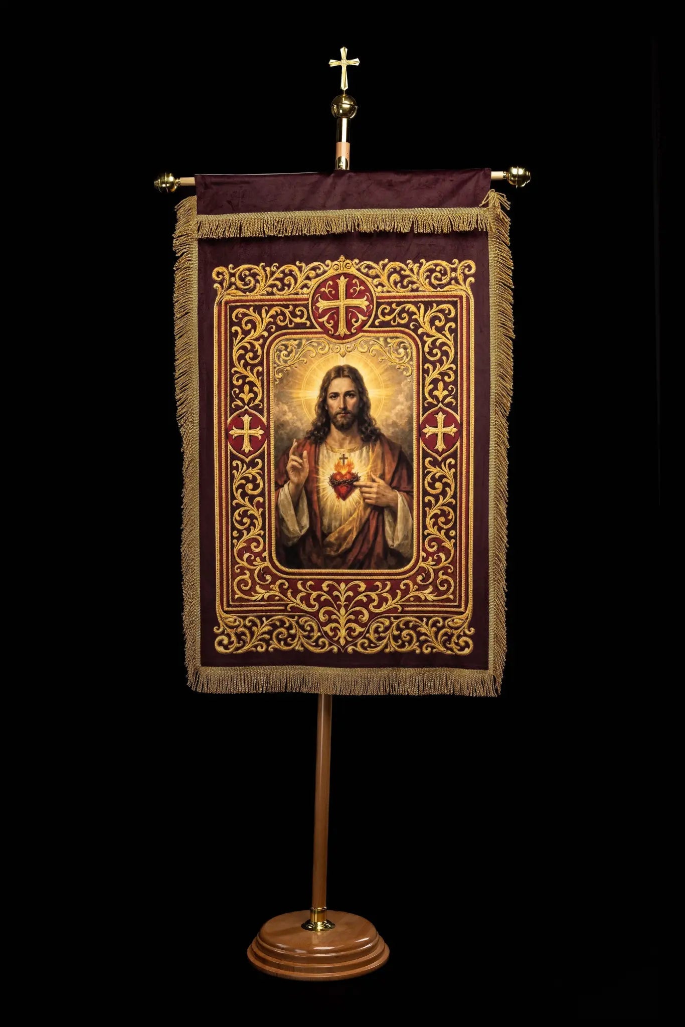 Double-sided Processional Banner: Sacred Heart of Jesus and IHS Chalice - HAFTINA ATELIER